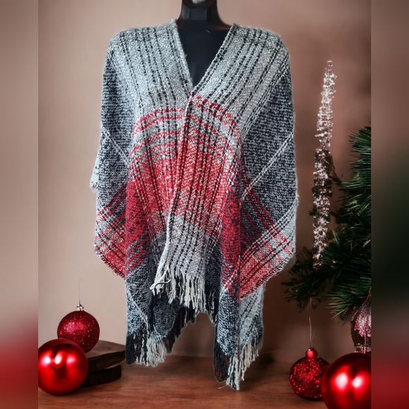 Cejon One Size Cape Shawl Blanket Sweater Wrap Poncho Grey Red - Picture 1 of 5